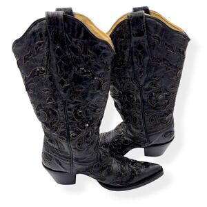 Corral Boots Women's 5 M Black Goat Leather Sequins Inlay Cowgirl Western‎ A1070